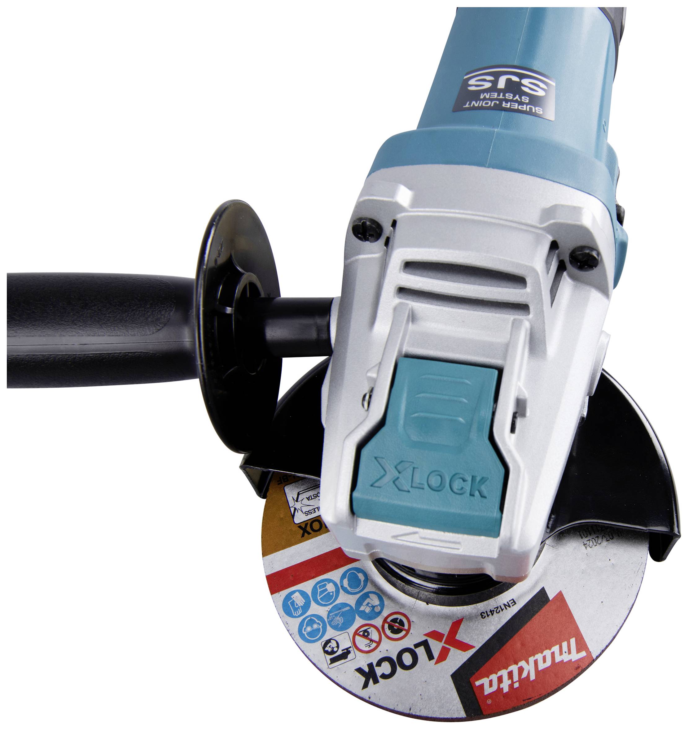 Eine blaue elektrische Winkelschleifmaschine mit einem 