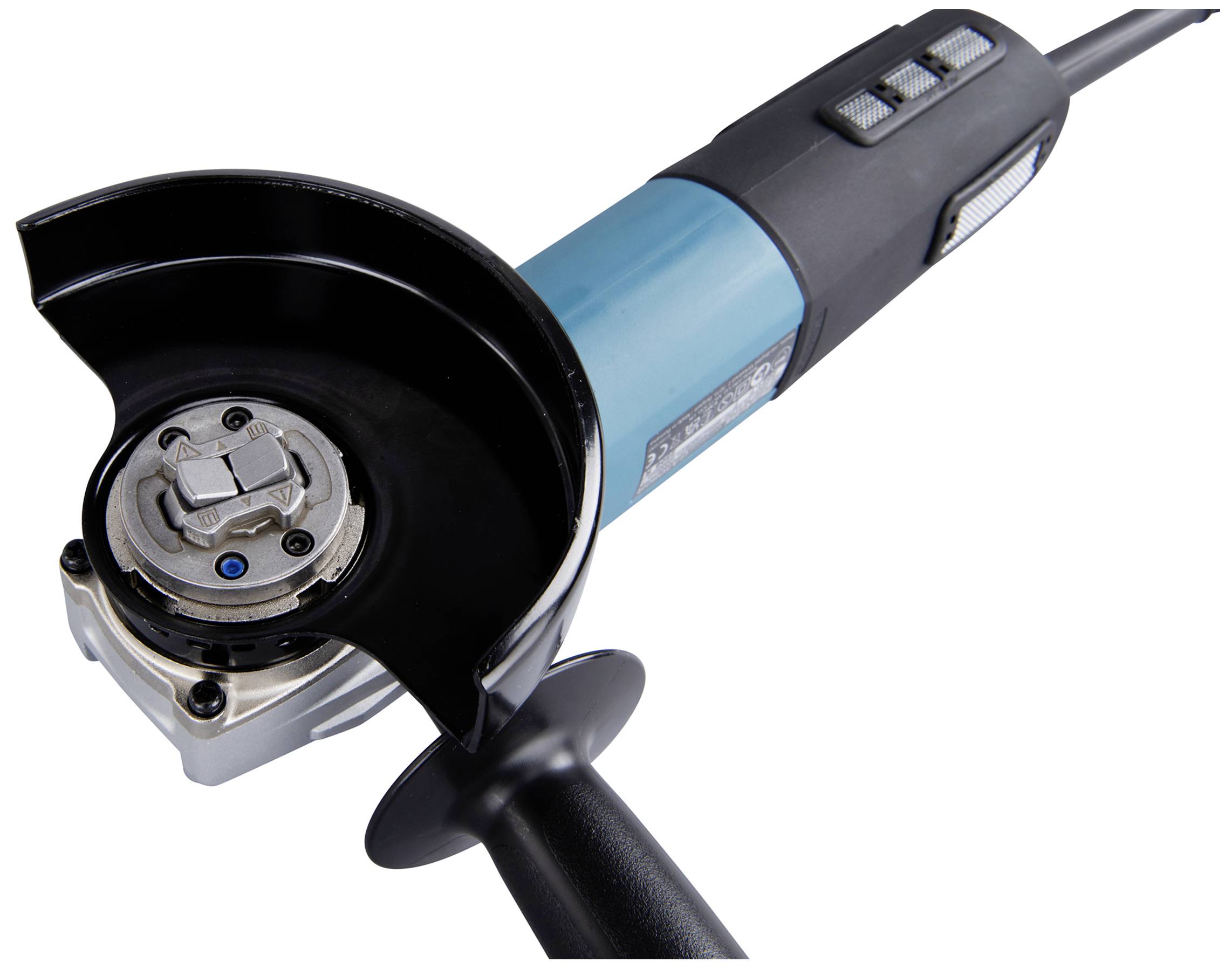 Elektrischer Winkelschleifer mit blauem Korpus und Schutzabdeckung. Geeignet zum Schneiden und Schleifen von Materialien.