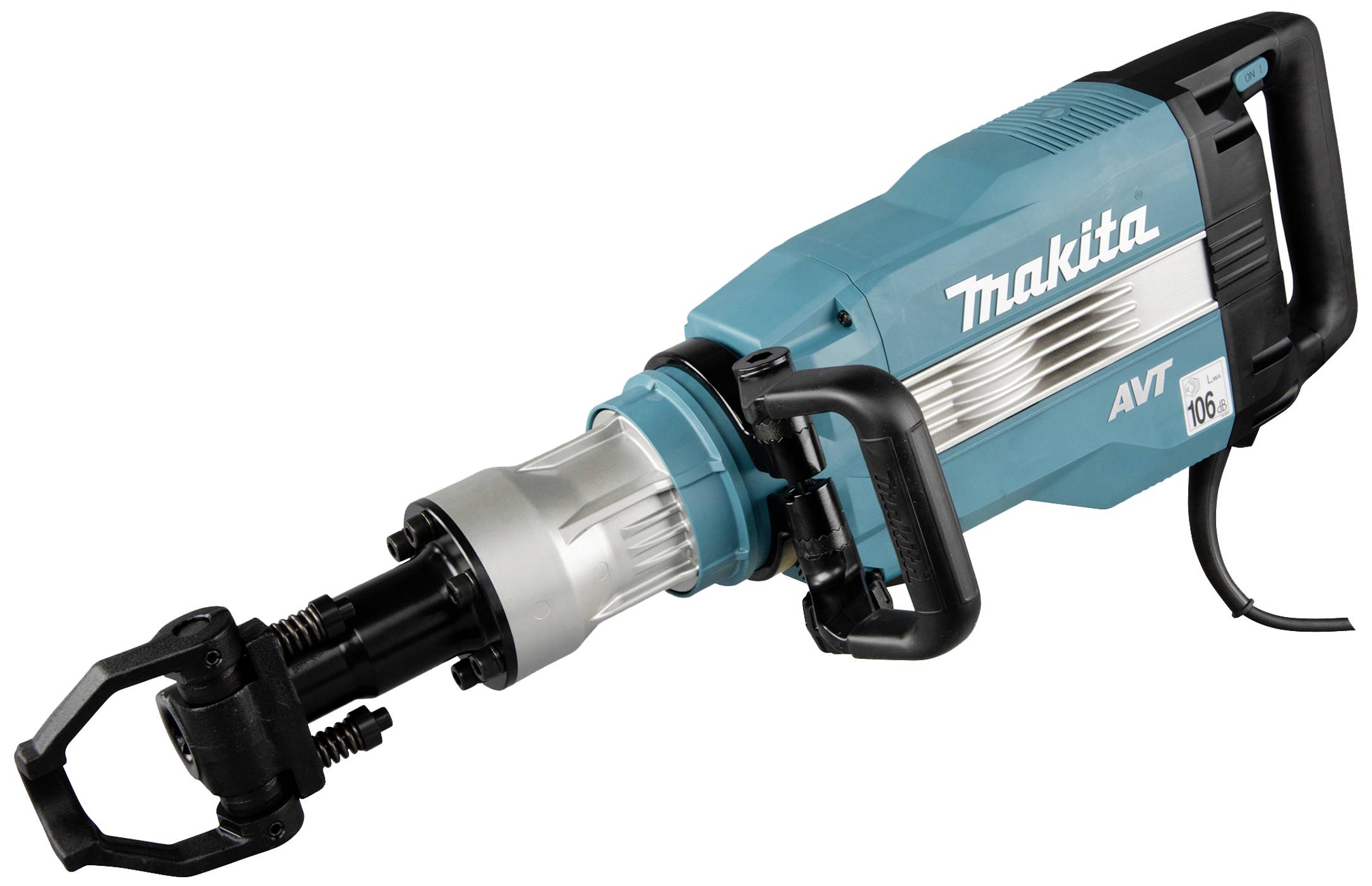 Ein blauer und schwarzer Abbruchhammer mit der Aufschrift 'Makita AVT'. Er hat einen D-Griff und ein Kabel für den elektrischen Betrieb.
