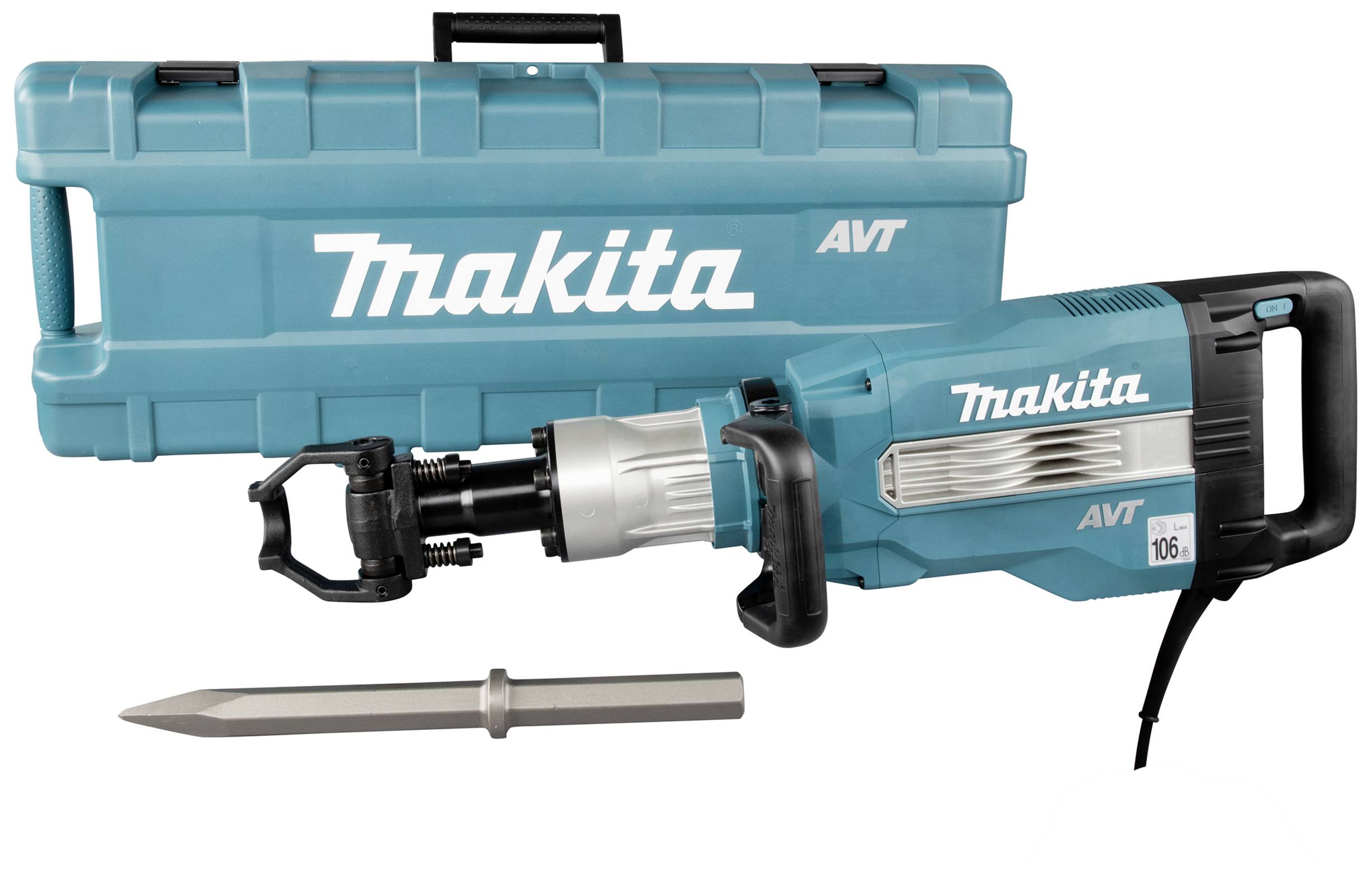 Elektro-Abbruchhammer mit blauem Gehäuse, Marke 'Makita', neben passendem Transportkoffer und Meißelaufsatz.