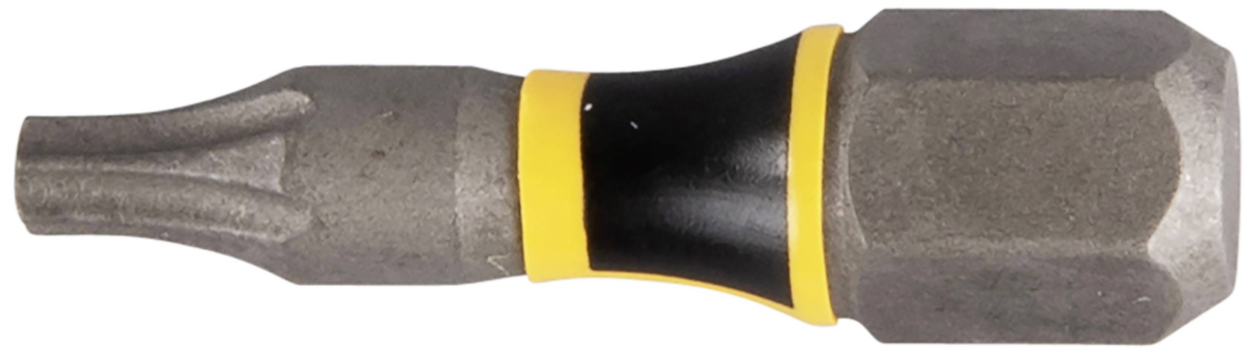 Kreuzschlitz-Bit mit Sechskantaufnahme und gelb-schwarzem Ring.