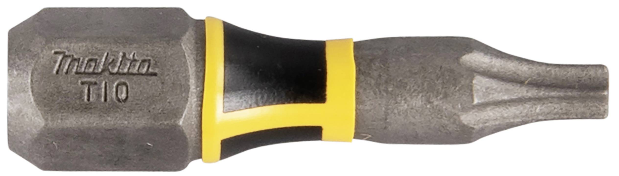 Nahaufnahme eines Makita Torx T10 Bits, schwarzes und gelbes Design, hauptsächlich aus Metall, für Schraubendreher geeignet.