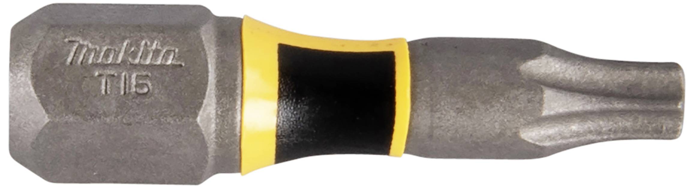 Bitsatz Makita Torx T15, grauer Schaft mit gelbem und schwarzem Ring, geeignet für Schraubendreher, Nahaufnahme.