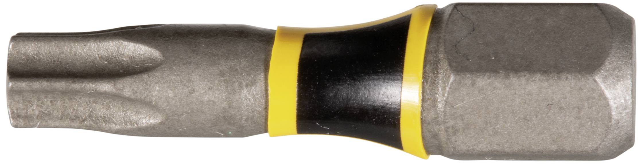 Ein Torx-Schraubendreher-Bit aus Metall mit einer gelben und schwarzen Markierung in der Mitte.
