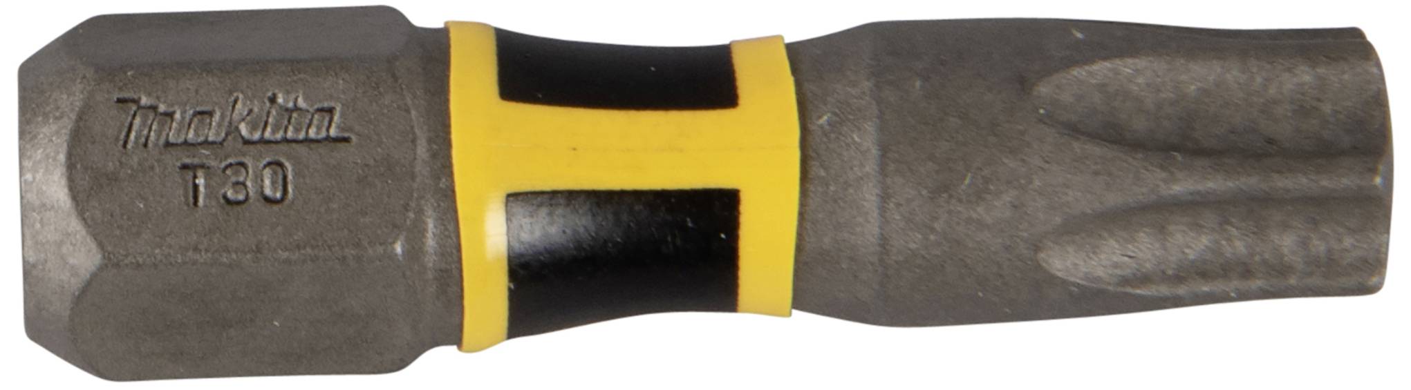 Ein Schraubendreher-Bit mit der Aufschrift 'T30' und 'TracVita'. Es hat eine gelb-schwarze Markierung zur Unterscheidung.