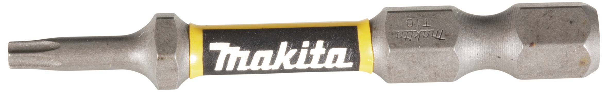 Schraubendrehereinsatz mit 'Makita'-Logo auf schwarzem Hintergrund, umgeben von gelber Linie. Metallkonstruktion mit Sechskantform.