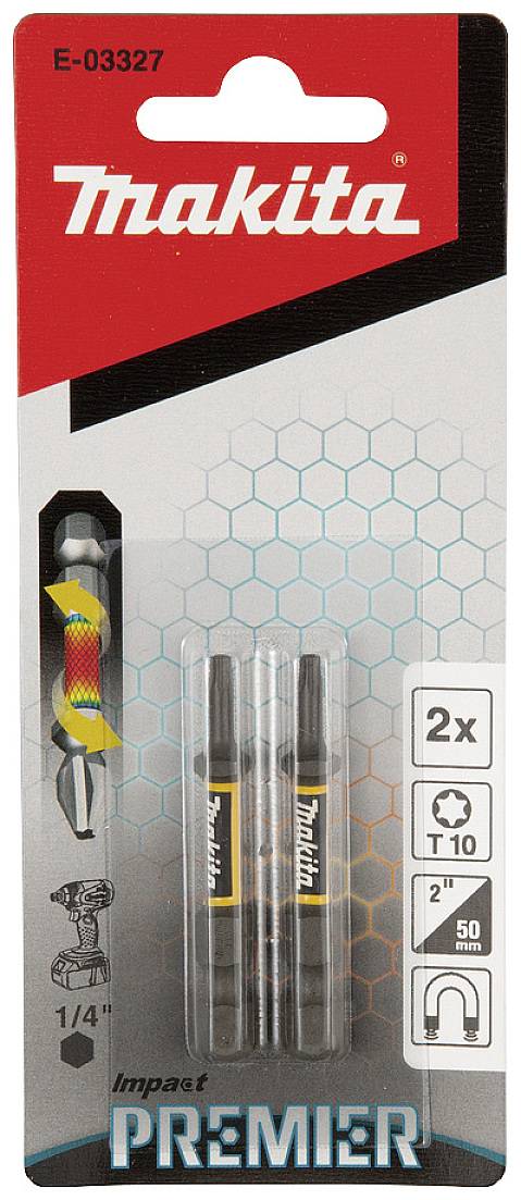 'Makita' Verpackung für zwei Schrauberbits T10, 50 mm, mit sechseckigem Muster und Bohrerabbildung.