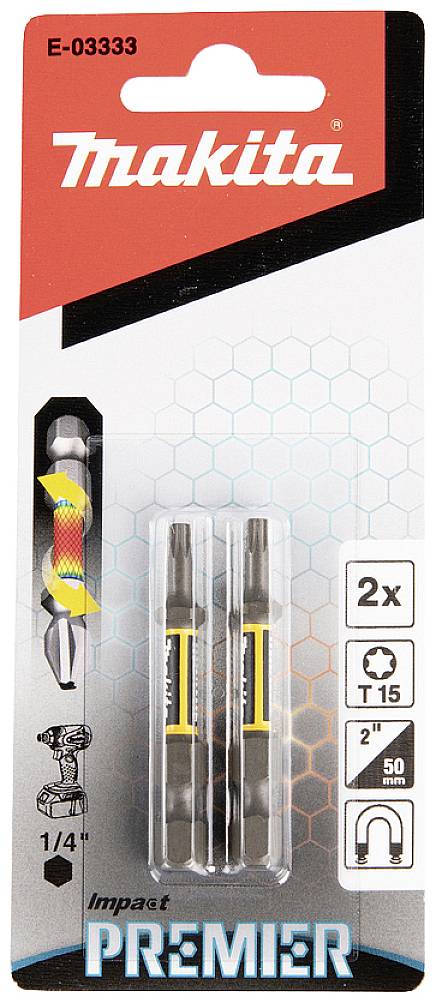'Makita Impact Premier T15 Bits' Verpackung mit zwei Schraubbits. Geeignet für 1/4