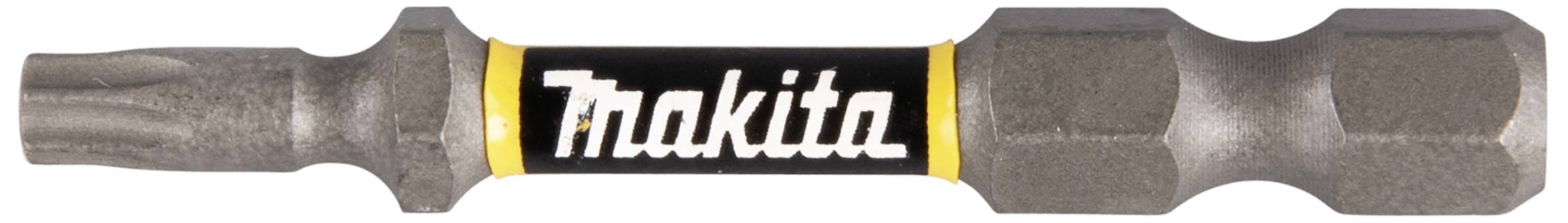 Bohrerbit von Makita mit sechskantigem Schaft und T-Profil, markiert mit gelbem Streifen und 'Makita'-Logo in der Mitte.