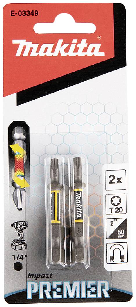 Verpackung mit zwei Schraubendrehereinsätzen von Makita. Etikett zeigt Produktcode E-03349. Geeignet für Maschinen mit 1/4 Zoll Aufnahme.