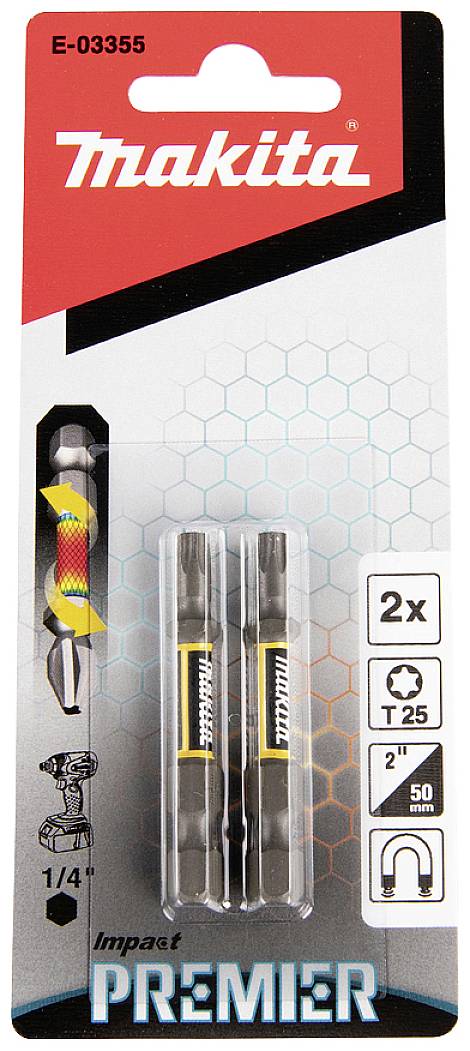 Verpackung von zwei Makita Impact Premier Bits, Typ T25, Größe 1/4 Zoll, Länge 50 mm. Geeignet für Elektrowerkzeuge.