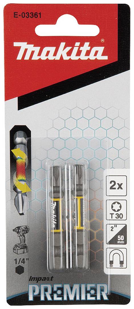 Verpackung von Makita Impact Premier mit einem gelben Bit-Aufsatz und zwei silbernen Bitschrauben mit Hex-Aufsatz, Größe T30.