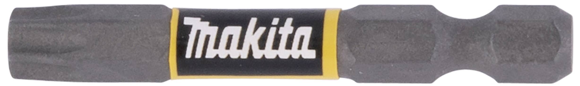 Ein schwarzer Schraubendreherbit von Makita mit gelbem Streifen in der Mitte, auf dem der Markenname steht.