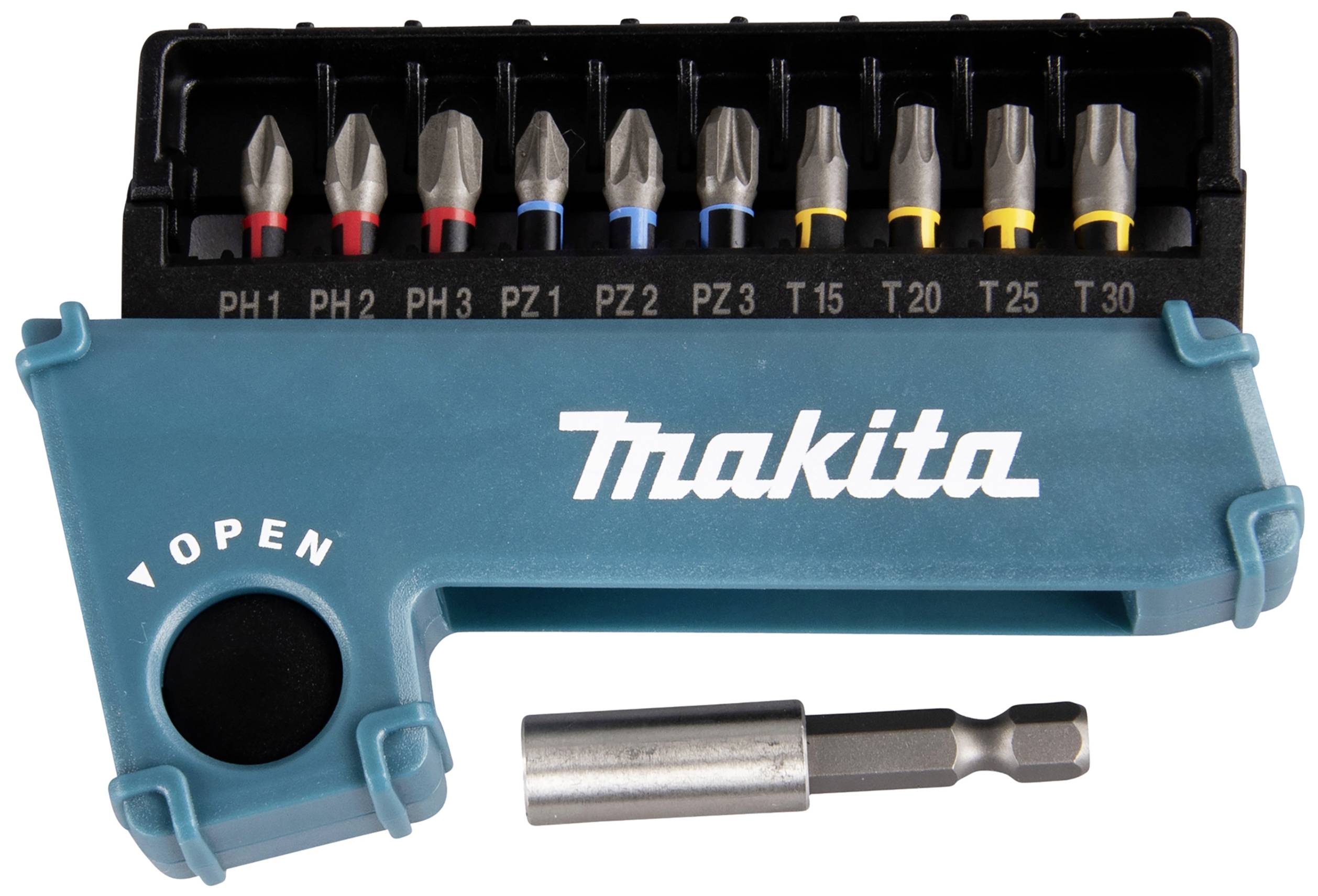 Elf-teiliges Schraubendreher-Bitset von Makita, inklusive verschiedenen Philips- und Torx-Bits, mit 'Open'-Anzeige auf der Hülle.