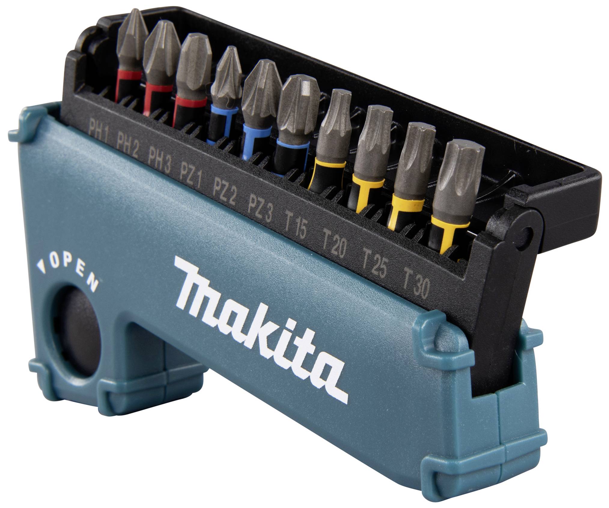 Ein Set von Makita Schraubendreher-Bits in verschiedenen Größen, organisiert in einem blau-schwarzen Kunststoffetui.