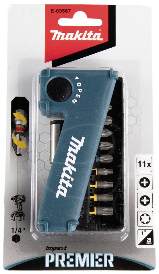 Verpacktes Werkzeugset von Makita mit grünem Schraubendrehergriff und verschiedenen Bits, geeignet für 1/4 Zoll Antriebe.