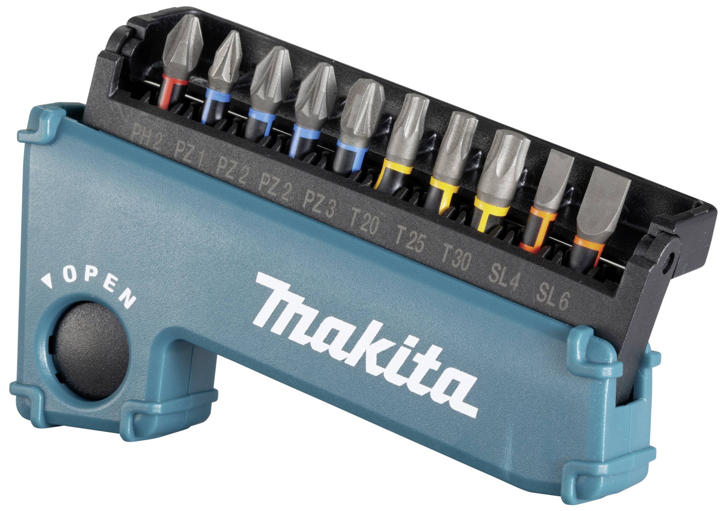 'Makita' Bit-Set mit 10 verschiedenen Schraubköpfen in blauer Halterung, geeignet für diverse Schraubarbeiten, kompakt und tragbar.