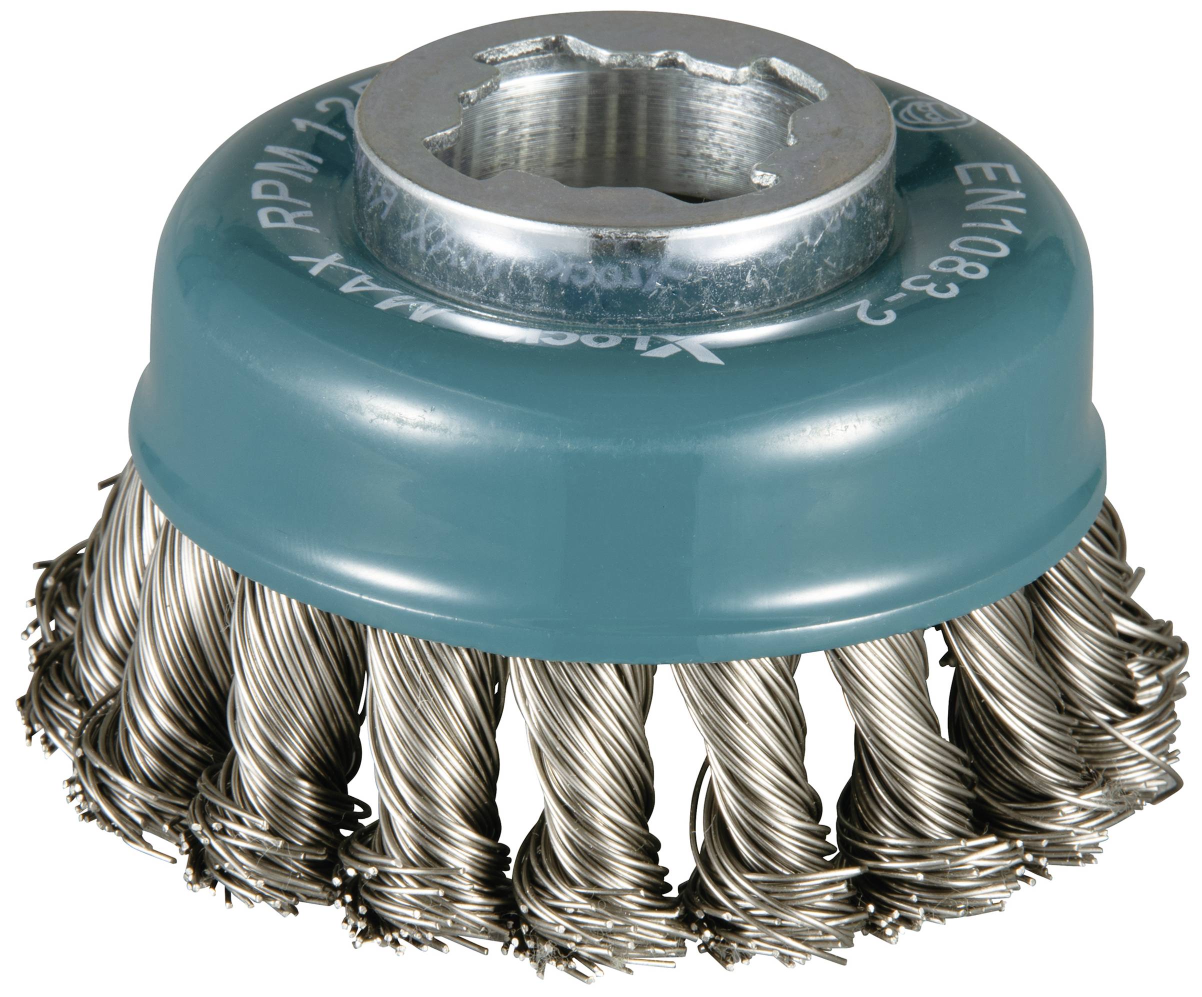 Drahtbürstenaufsatz mit spiralförmig gewundenen Metallborsten, ideal für die Entfernung von Rost und Farbe auf Metalloberflächen.