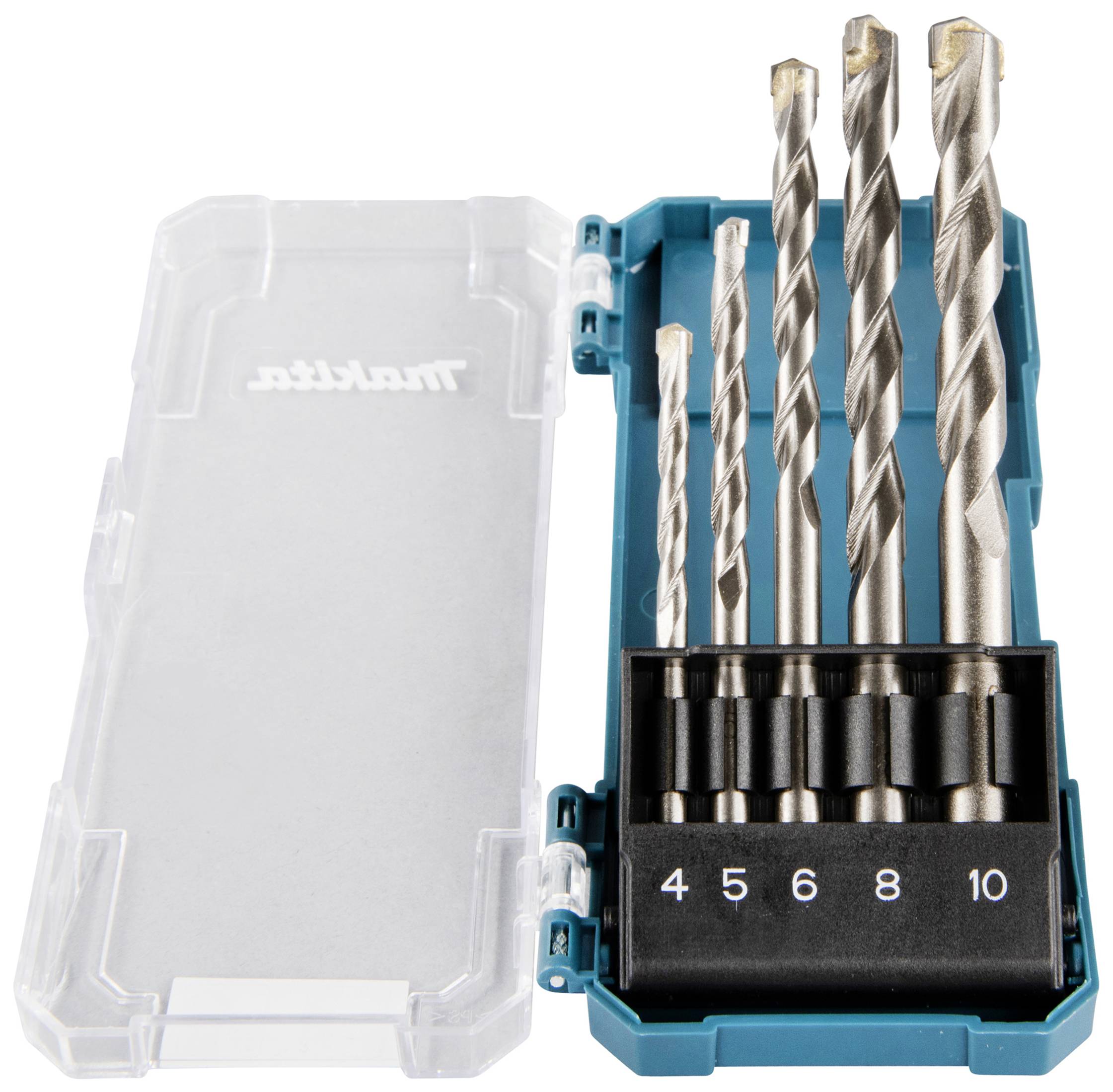 Bohrer-Set mit fünf Metallbohrern in verschiedenen Größen: 4, 5, 6, 8 und 10 Millimeter. Kunststoffbox mit transparentem Deckel.