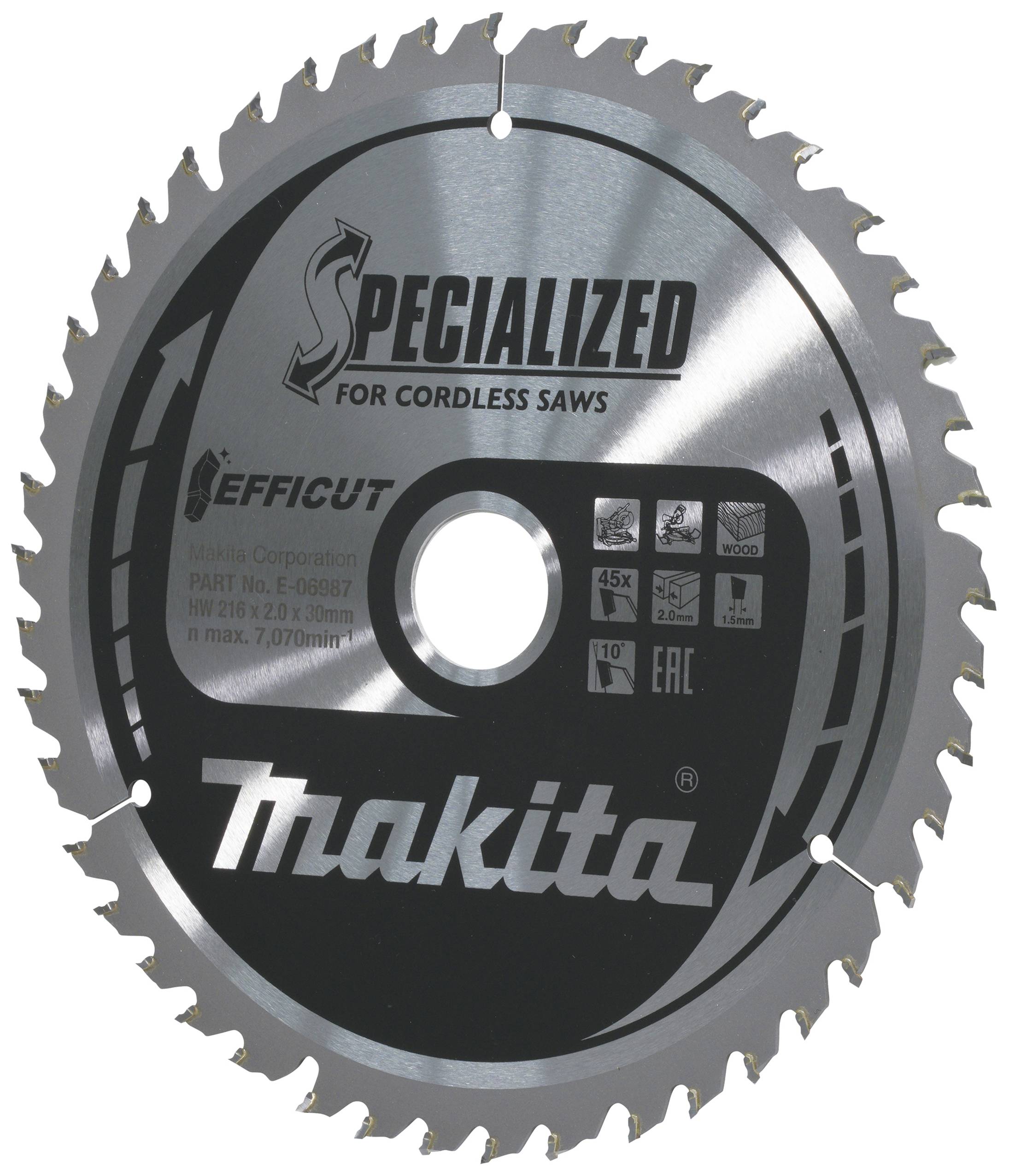 Eine runde Sägeklinge mit der Aufschrift 'Specialized for Cordless Saws' und 'Makita'. Sie hat viele Zähne und ist für kabellose Sägen geeignet.