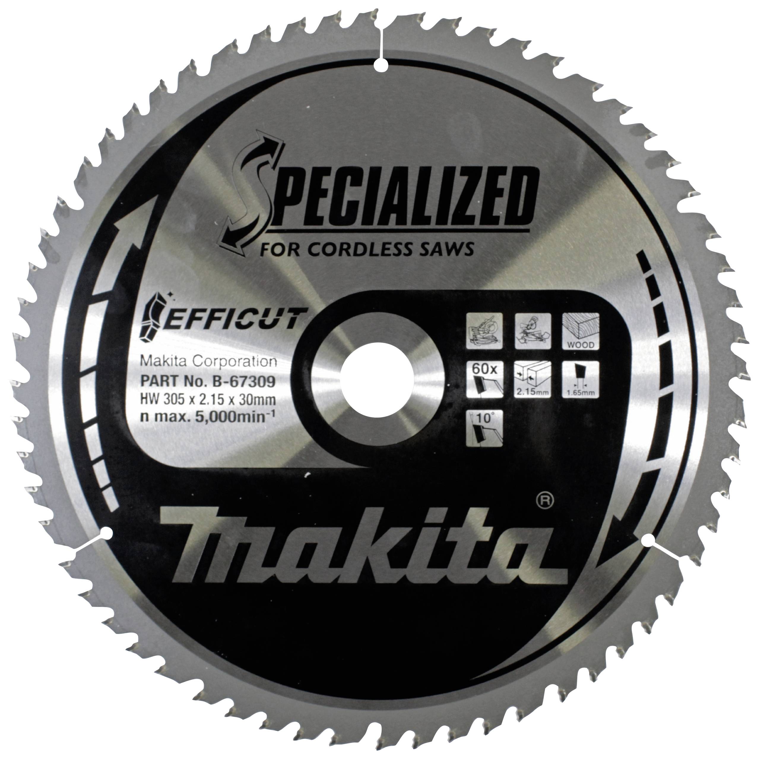 Kreissägeblatt von Makita, geeignet für kabellose Sägen. Beschriftungen: 'SPECIALIZED', 'EFFICIUT', Größe: 305x2.15x30mm, max. 5000 U/min.