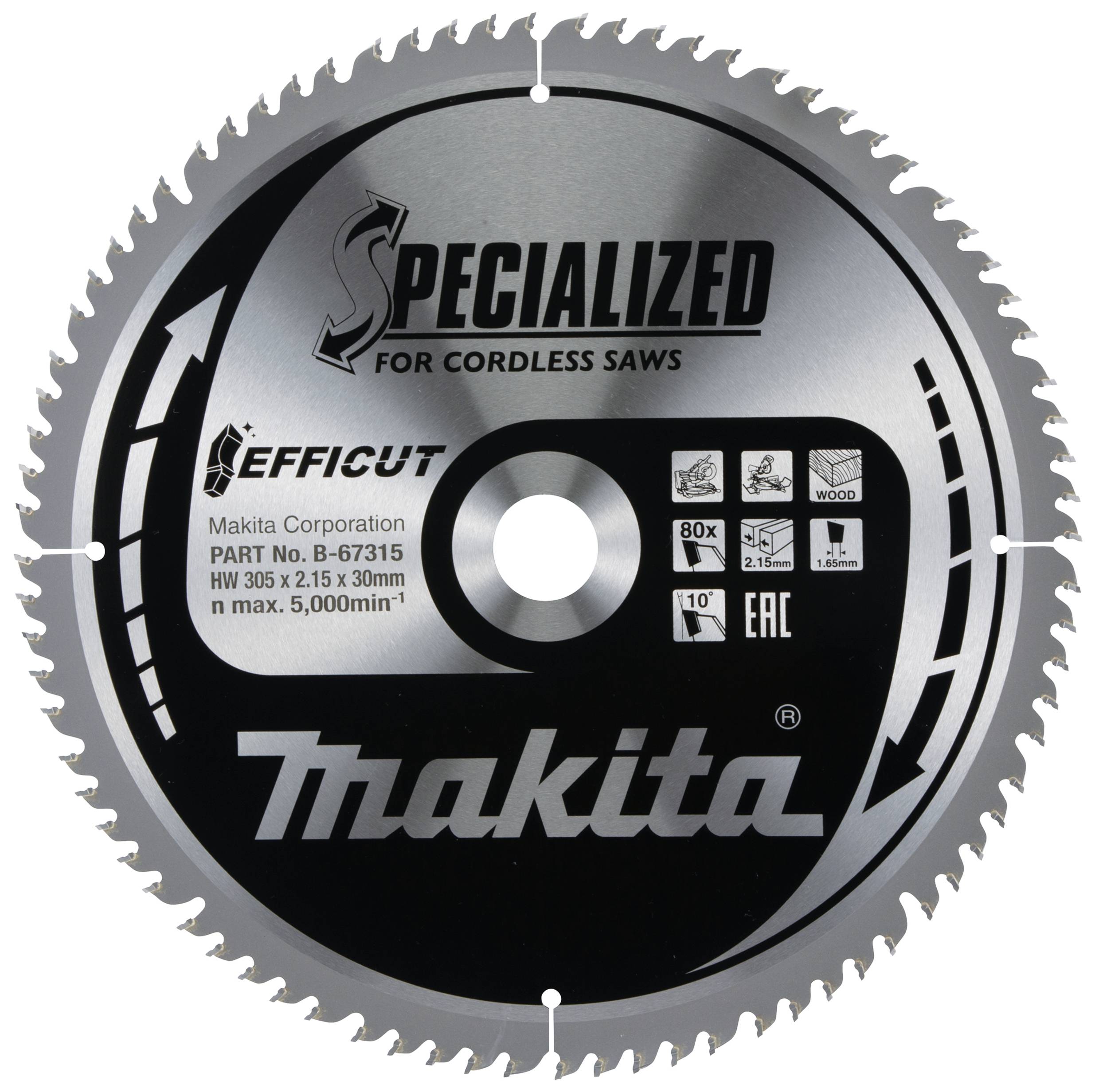 Kreissägeblatt mit Beschriftungen: 'Makita', 'Specialized for Cordless Saws'. Symbole für Materialkompatibilität und technische Spezifikationen.