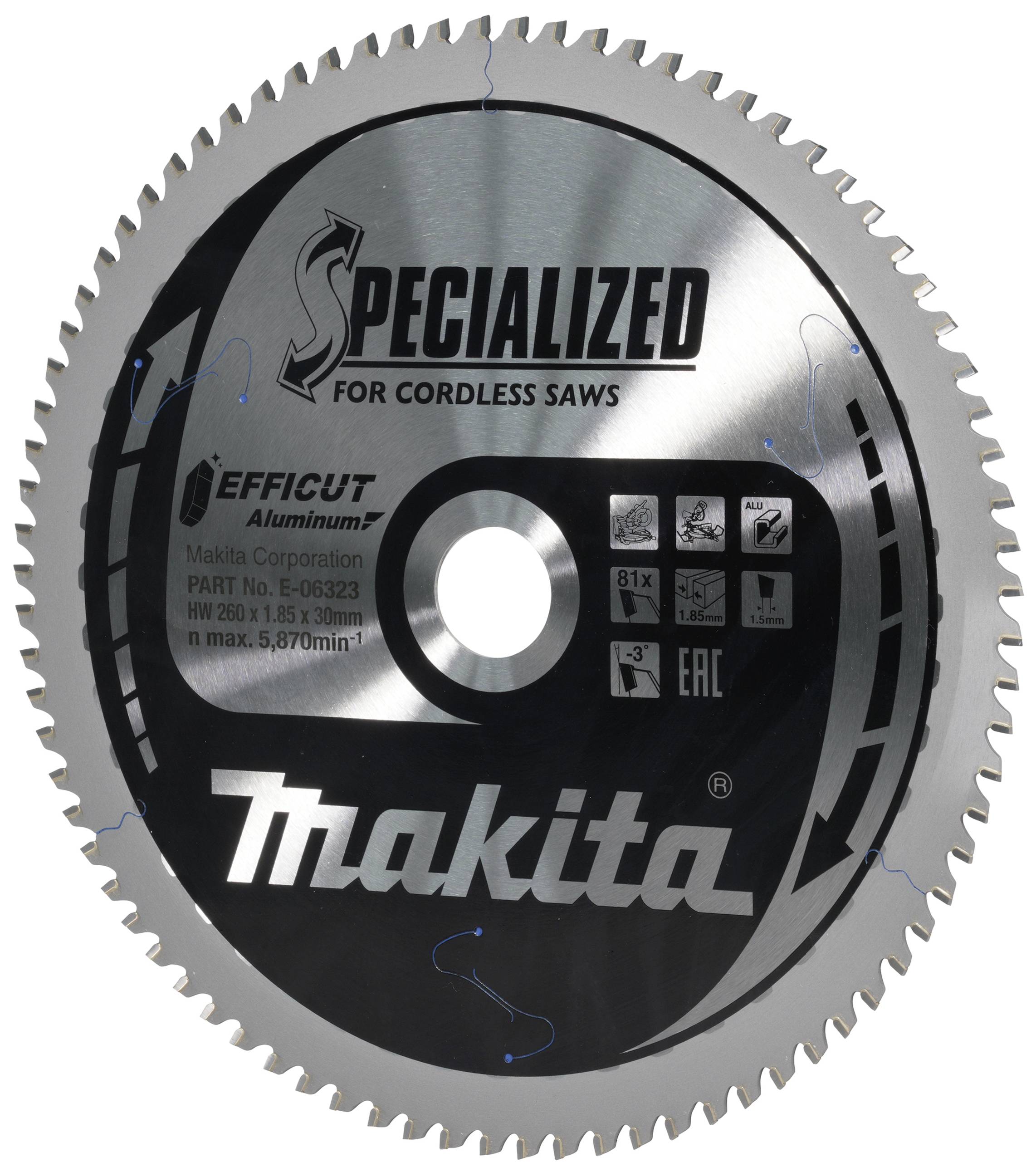 Kreissägeblatt von Makita, spezialisiert für kabellose Sägen. Modellnummer B-09223, geeignet für Aluminium, max. 5.870 U/min.