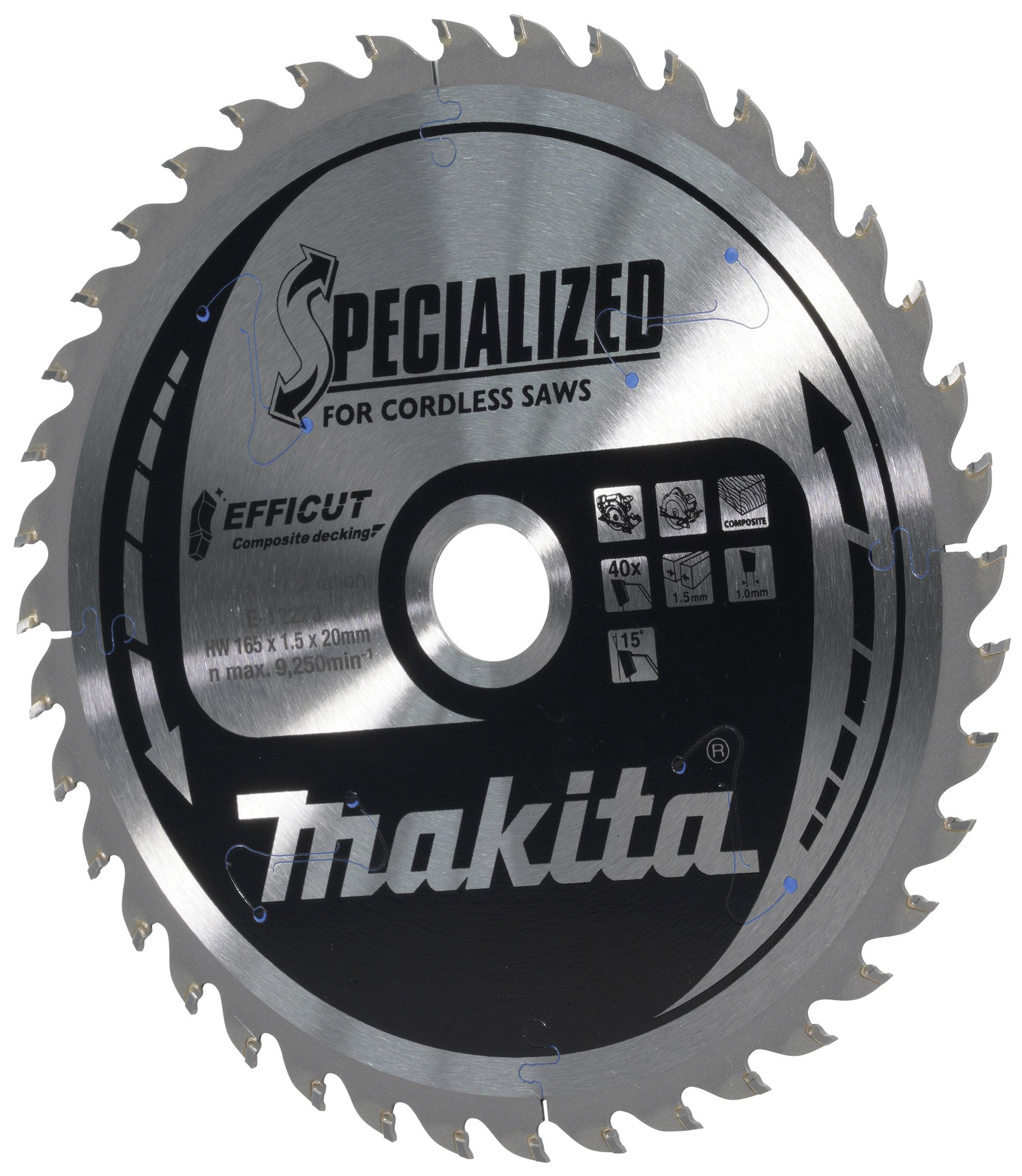 Kreissägeblatt für akkubetriebene Sägen von Makita mit Beschriftung 'SPECIALIZED' und 'EFFICIUT'. Geeignet für präzises Schneiden.