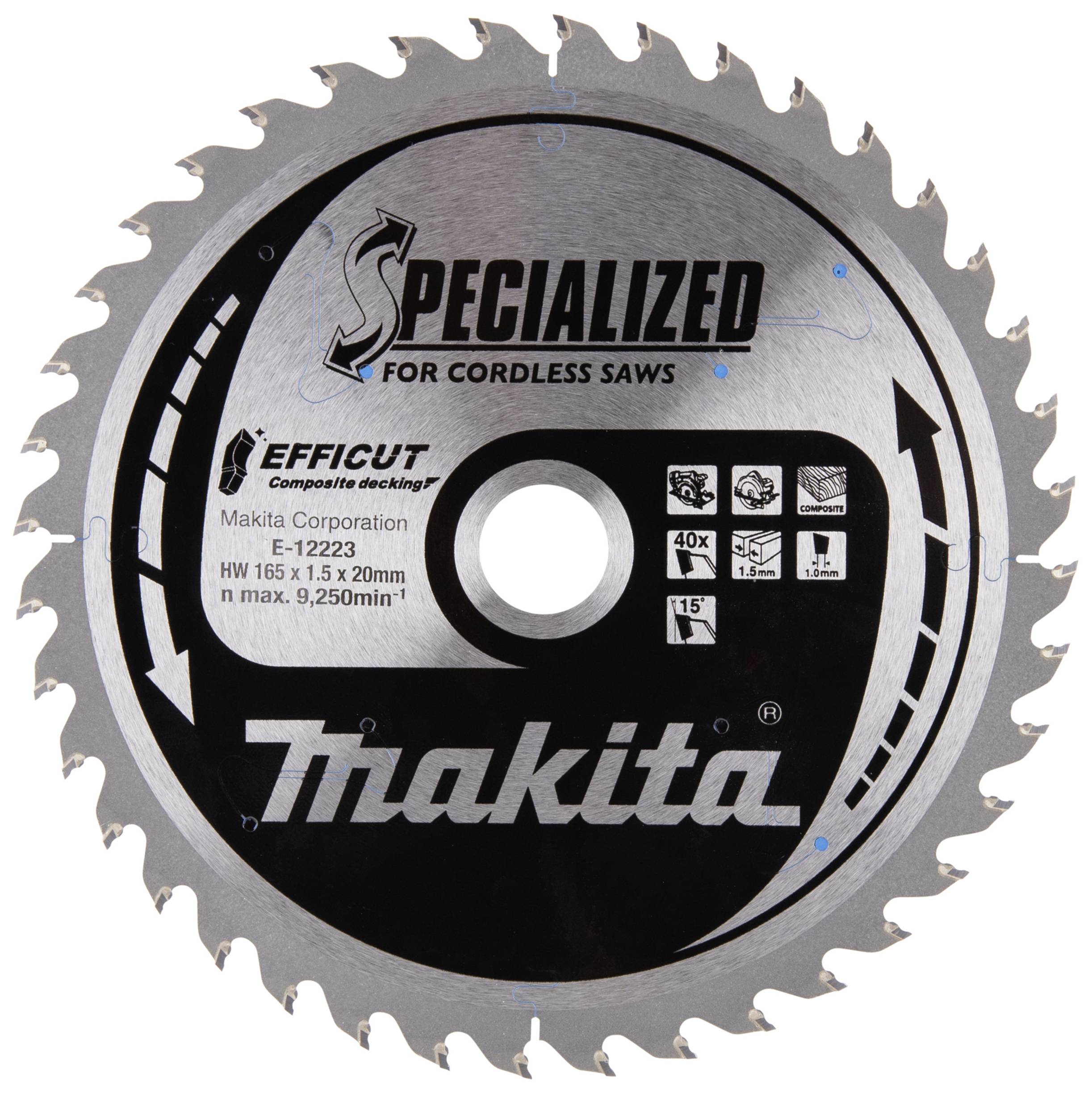 Kreissägeblatt 'Makita Specialized', empfohlen für akkubetriebene Sägen, Durchmesser 165 mm, Dicke 1,5 mm, Schnittbreite 2,0 mm.