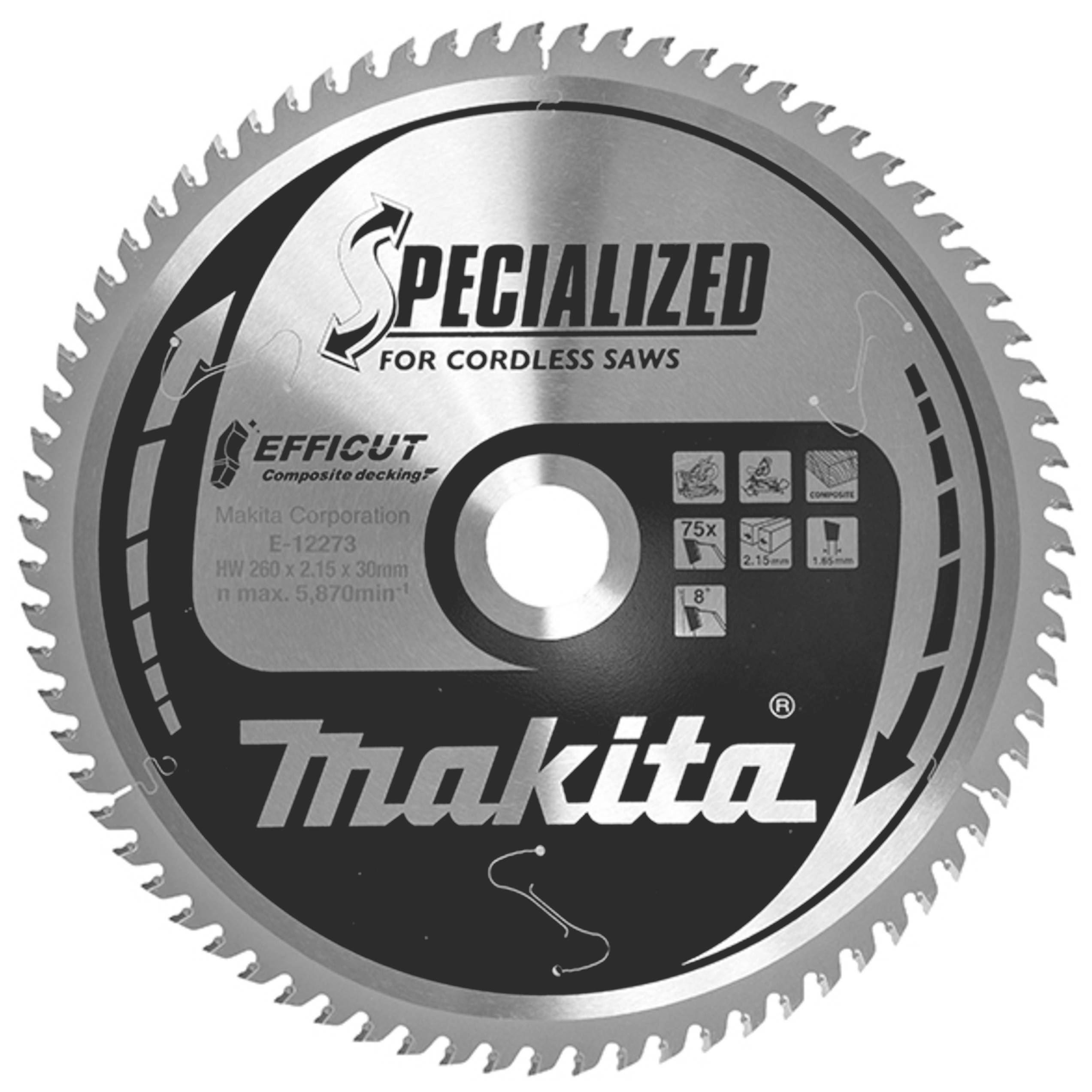 'Makita' Motorsägeblatt mit Aufschrift 'Specialized for Cordless Saws', 165 mm Durchmesser, 56 Zähne, für feine Schnitte und Holzarbeiten.