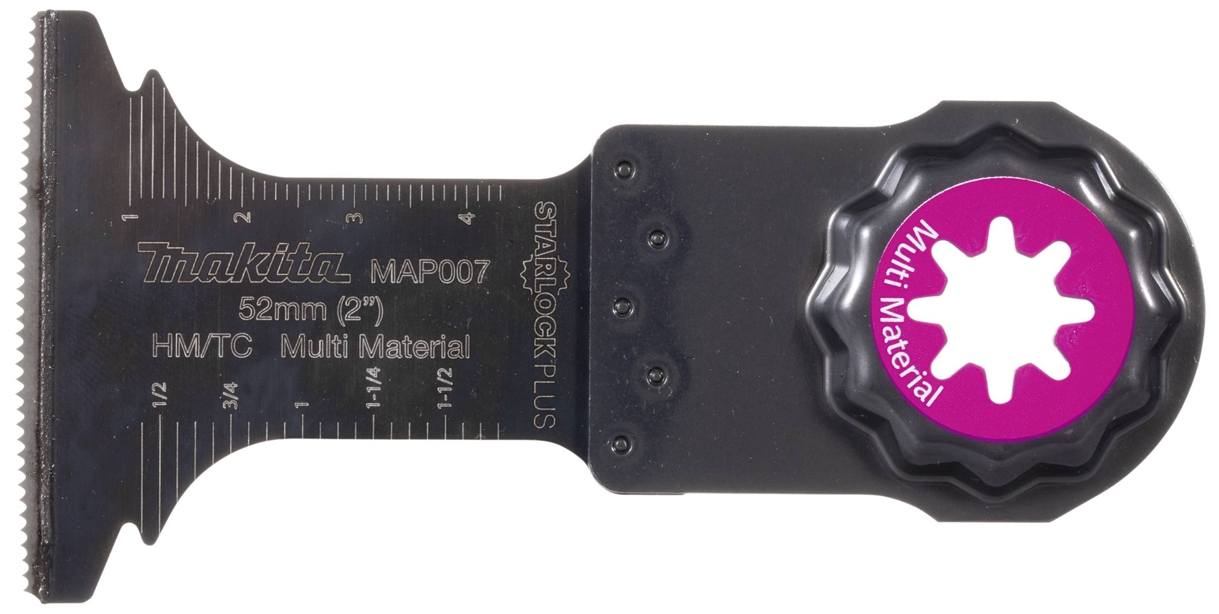 Ein oszillierendes Sägeblatt der Marke Makita, Modell MAP07, 52 mm, für Multi-Materialien, mit Starlock-Plus-Befestigung.