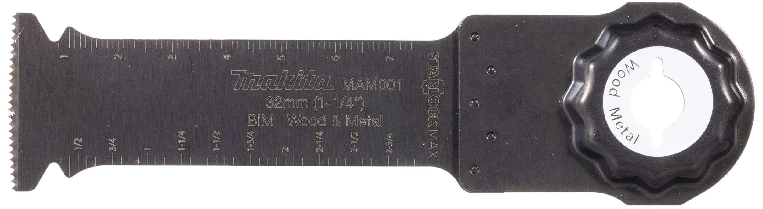 Schwarzes Sägeblatt von Makita, Modell 'BIM Wood & Metal', 32mm, mit Skala und Befestigungsknopf. Geeignet für Holz und Metall.