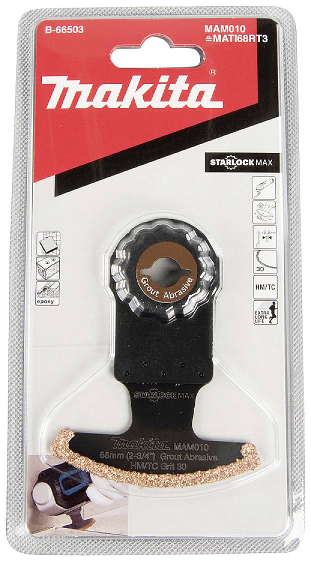 Makita Starlock Max Sägeblattverpackung. Geeignet für abrasive Anwendungen auf Mörtel mit 68 mm Breite und Starlock-Max-Aufnahme.