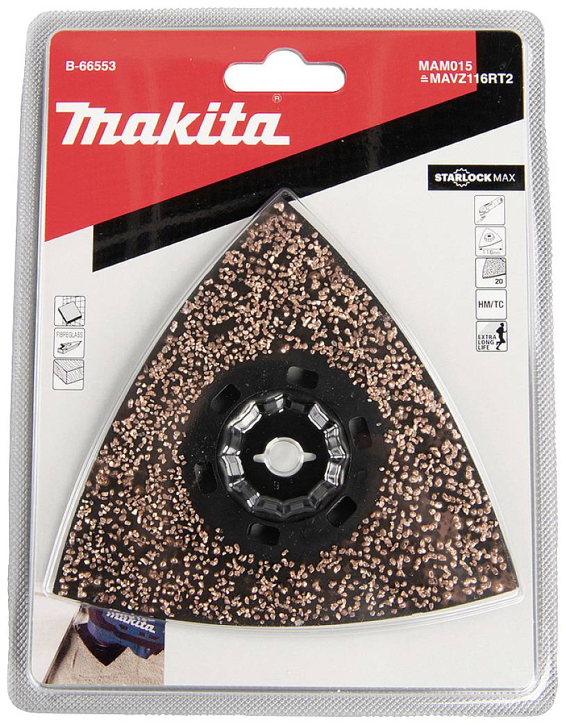 Dreieckiger Schleifaufsatz von Makita, Modell B-66553, dargestellt in Originalverpackung. Geeignet für Starlock Max Systeme.