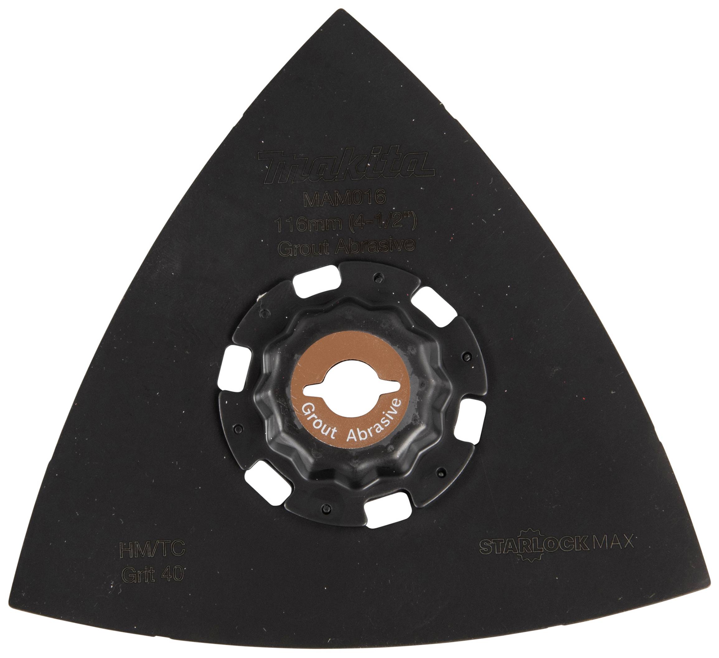 Dreieckiger Schleifaufsatz für Starlock-Max-Systeme, geeignet für Fugenentfernung; orange Mitte mit Aufschrift 'Grout Abrasive'.