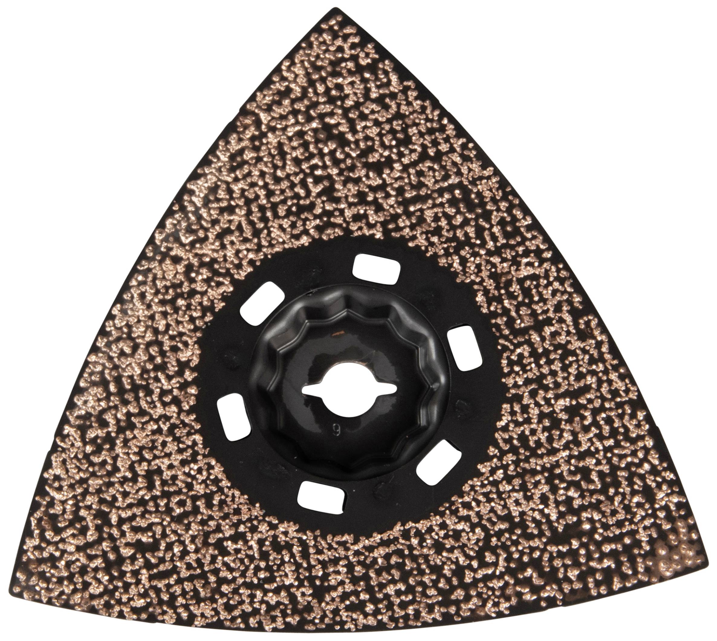Dreieckige Schleifscheibe mit gekörnter Oberfläche und mittigem Befestigungsloch. Geeignet für Schleifarbeiten auf Metall oder Holz.