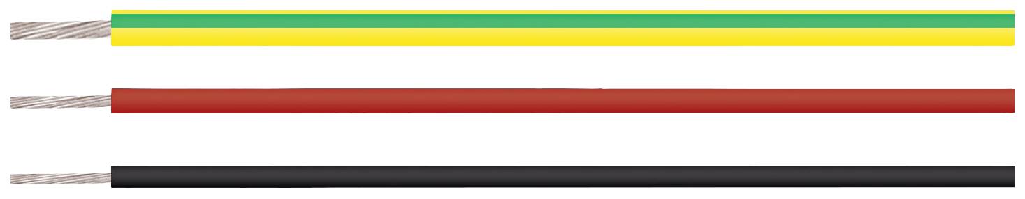 Drei Kabel: das obere ist gelb-grün, das mittlere rot und das untere schwarz. Sie repräsentieren verschiedene elektrische Leitungen.