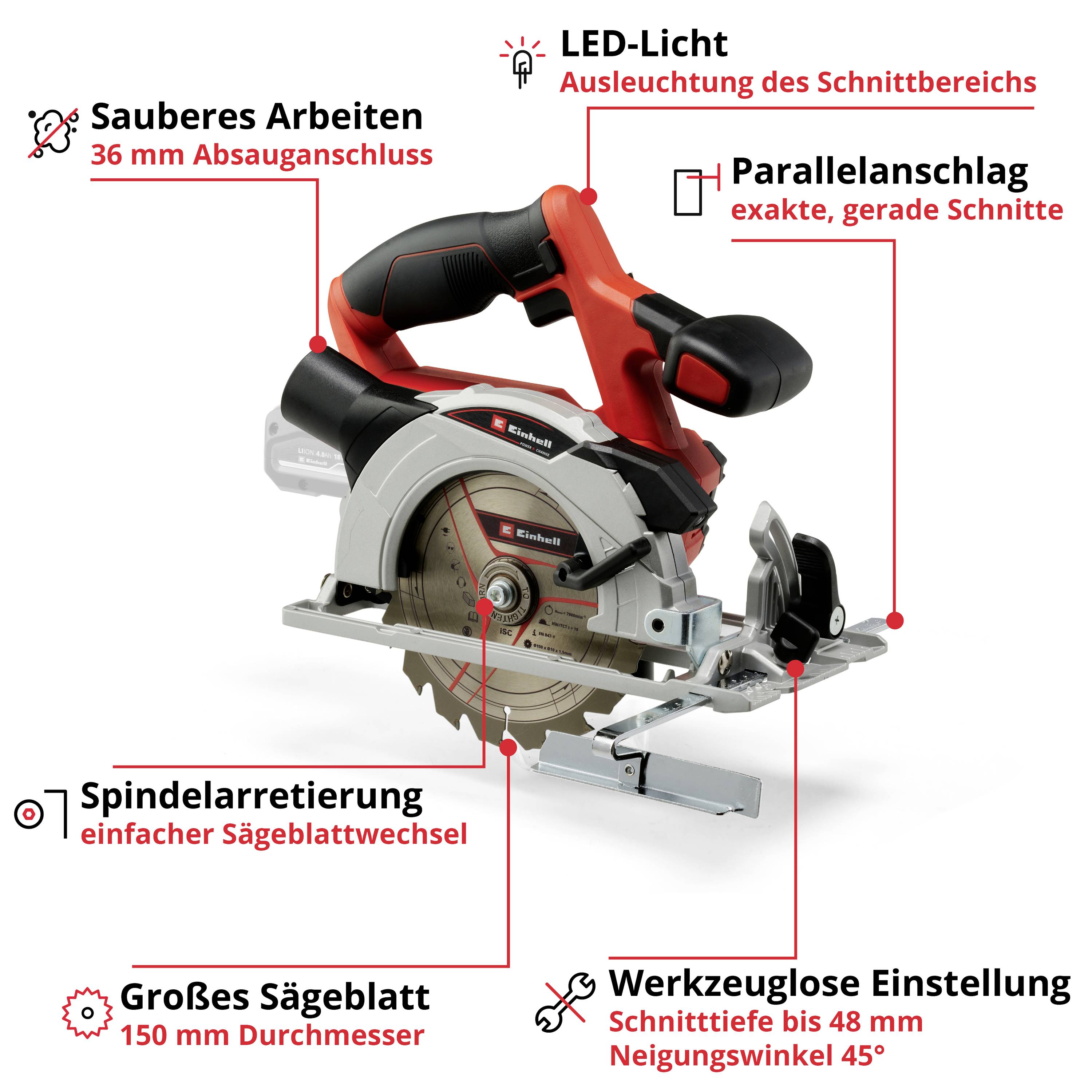 Einhell Power X-Change TE-CS 18/150 Li+2,0Ah St.-Kit Akku-Handkreissäge Schnitttiefe max. (90°) 48 mm inkl. Akku, inkl. Ladegerät 18 V 2.0 Ah