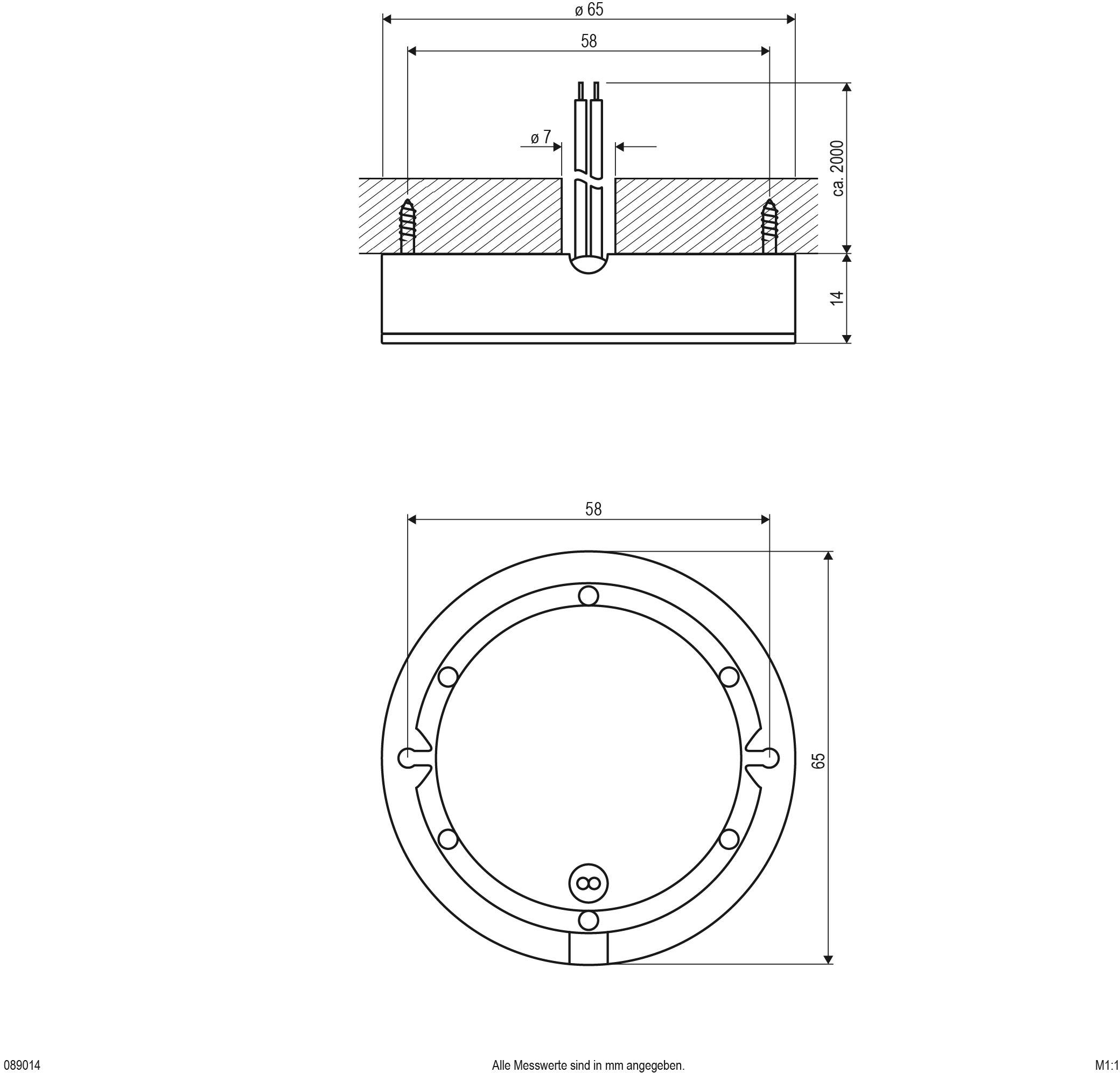 Technische Zeichnung eines runden Gehäuses aus Metall mit Maßen, Befestigungslöchern und Querschnittansicht. Maßeinheit mm.