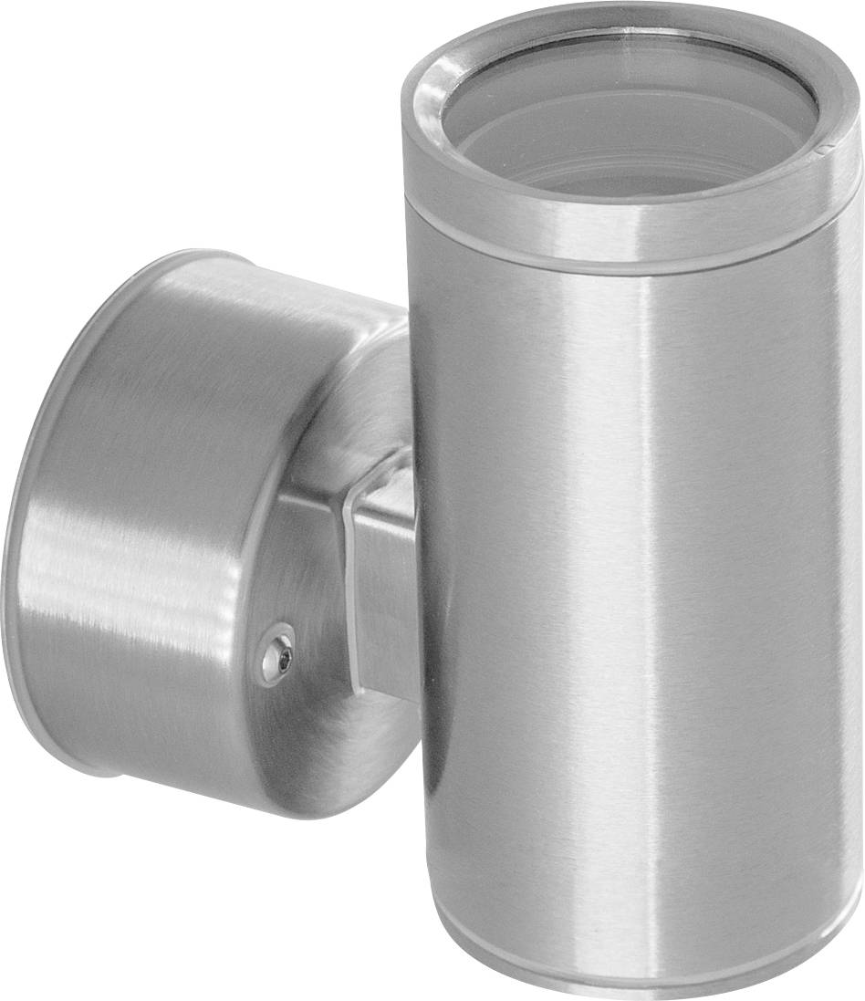 Eine runde Edelstahl-Wandleuchte mit zylindrischem Design. Sie ist nach oben und unten offen, geeignet für Außenbeleuchtung.