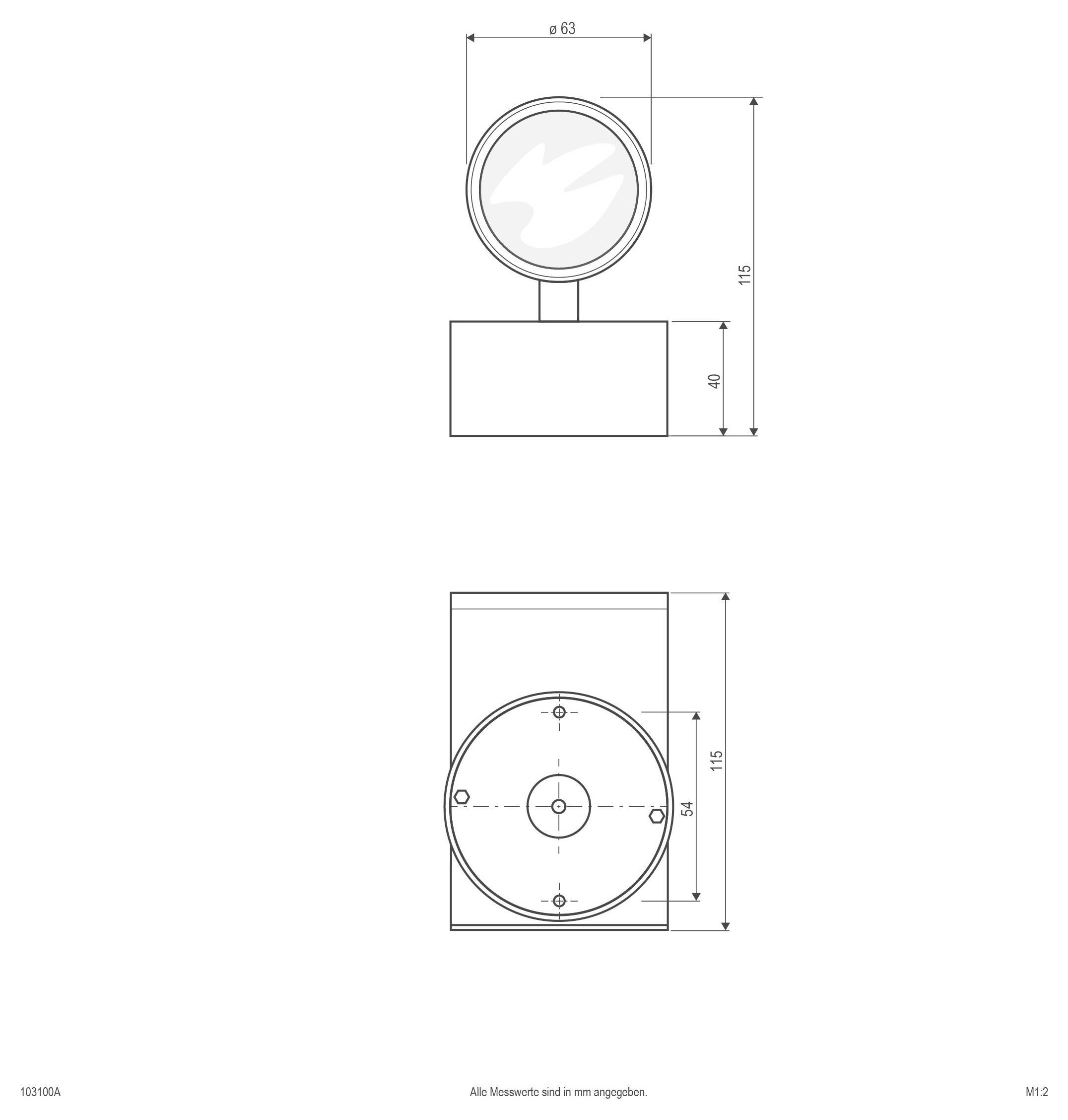 Technische Zeichnung eines kreisförmigen Spiegels oder einer Leuchte auf einer rechteckigen Basis, dargestellt in Vorder- und Draufsicht mit Abmessungen in Millimetern.