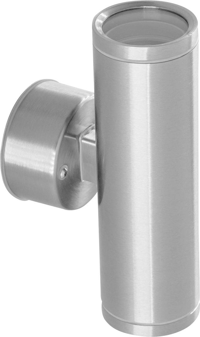 Silberne zylindrische Wandleuchte mit zwei Lichtauslässen, die nach oben und unten strahlen. Modernes Design, aus Metall gefertigt.