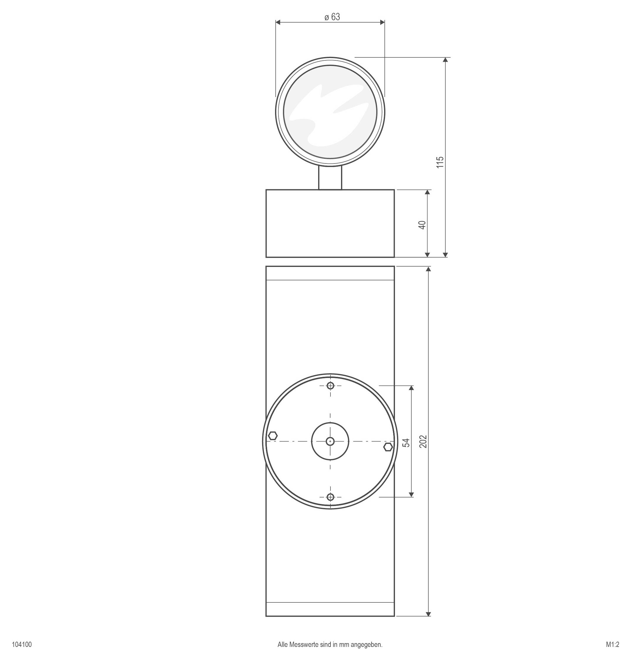 Technische Vorderansicht einer zylindrischen Vorrichtung mit rundem Kopf oben und seitlicher kreisförmiger Montageplatte, mit Abmessungen in Millimetern annotiert.