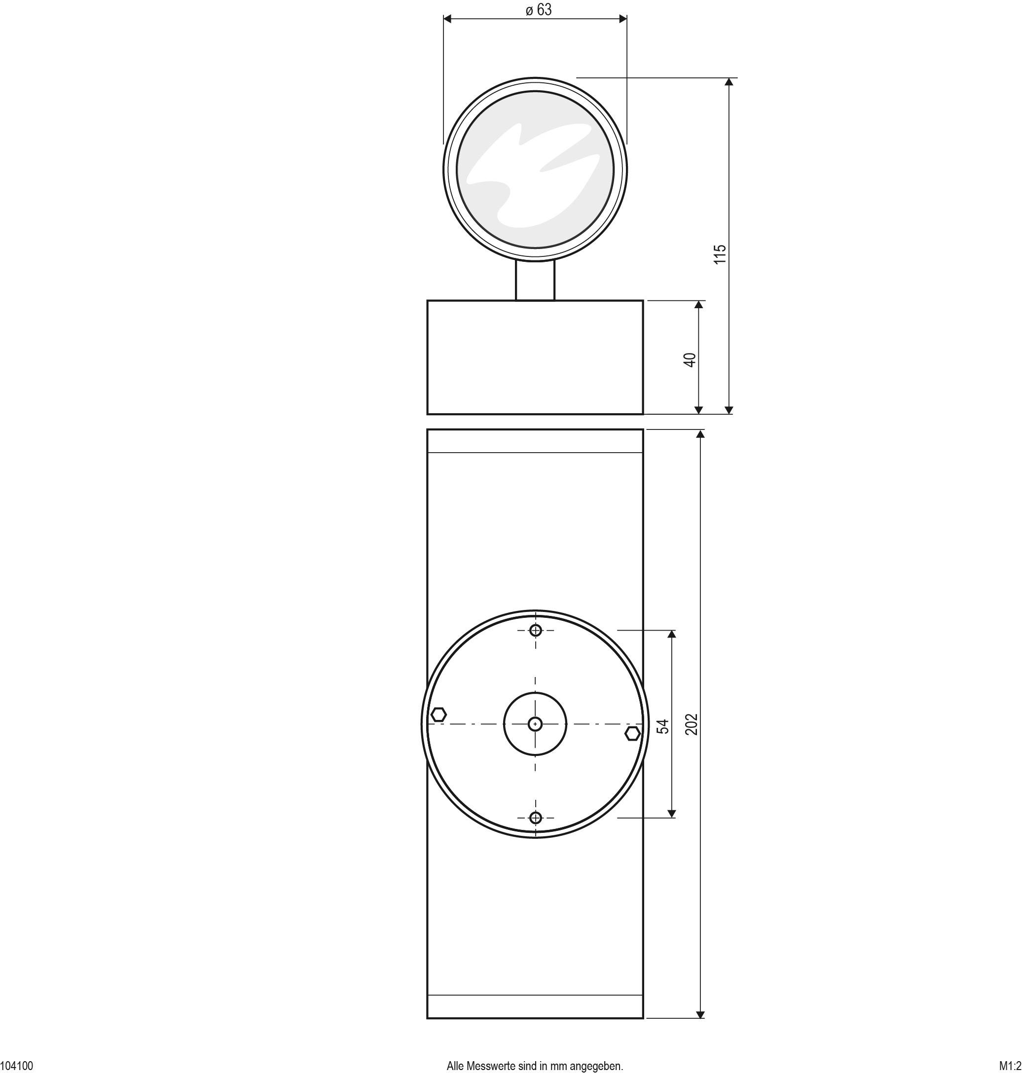 Technische Zeichnung eines zylindrischen Geräts mit angefügtem kreisförmigem Element. Maße in mm angegeben, Gesamtmaß 202 mm hoch.