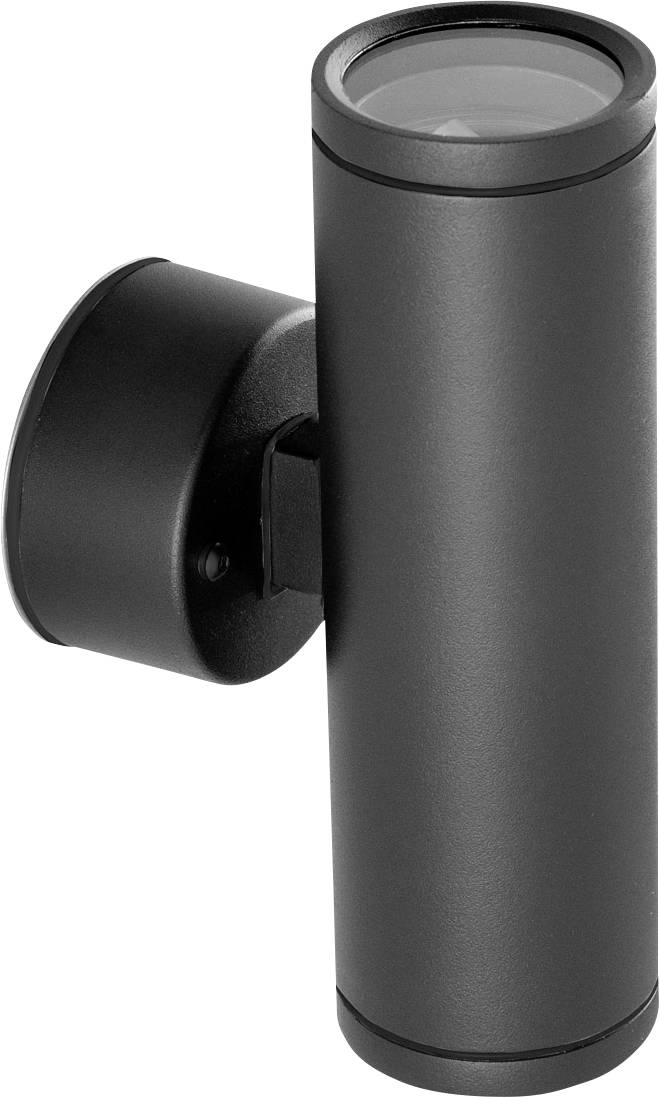 Schwarze zylindrische Up-and-Down-Wandleuchte aus Metall, mit runder Basis zur Montage. Ideal für moderne Außenbeleuchtung.