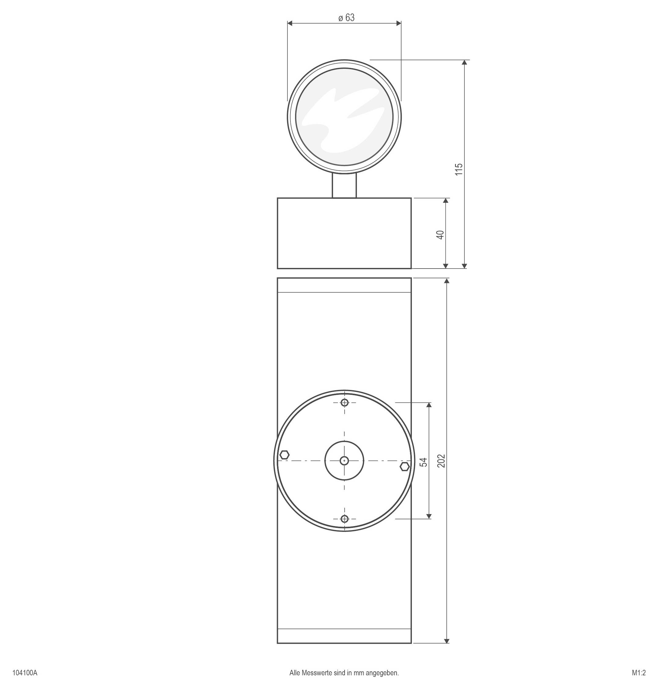 Technische Zeichnung einer wandmontierten Leuchte, Vorderansicht mit kreisförmigem Kopf und rechteckigem Gehäuse, mit Abmessungen in Millimetern gekennzeichnet.