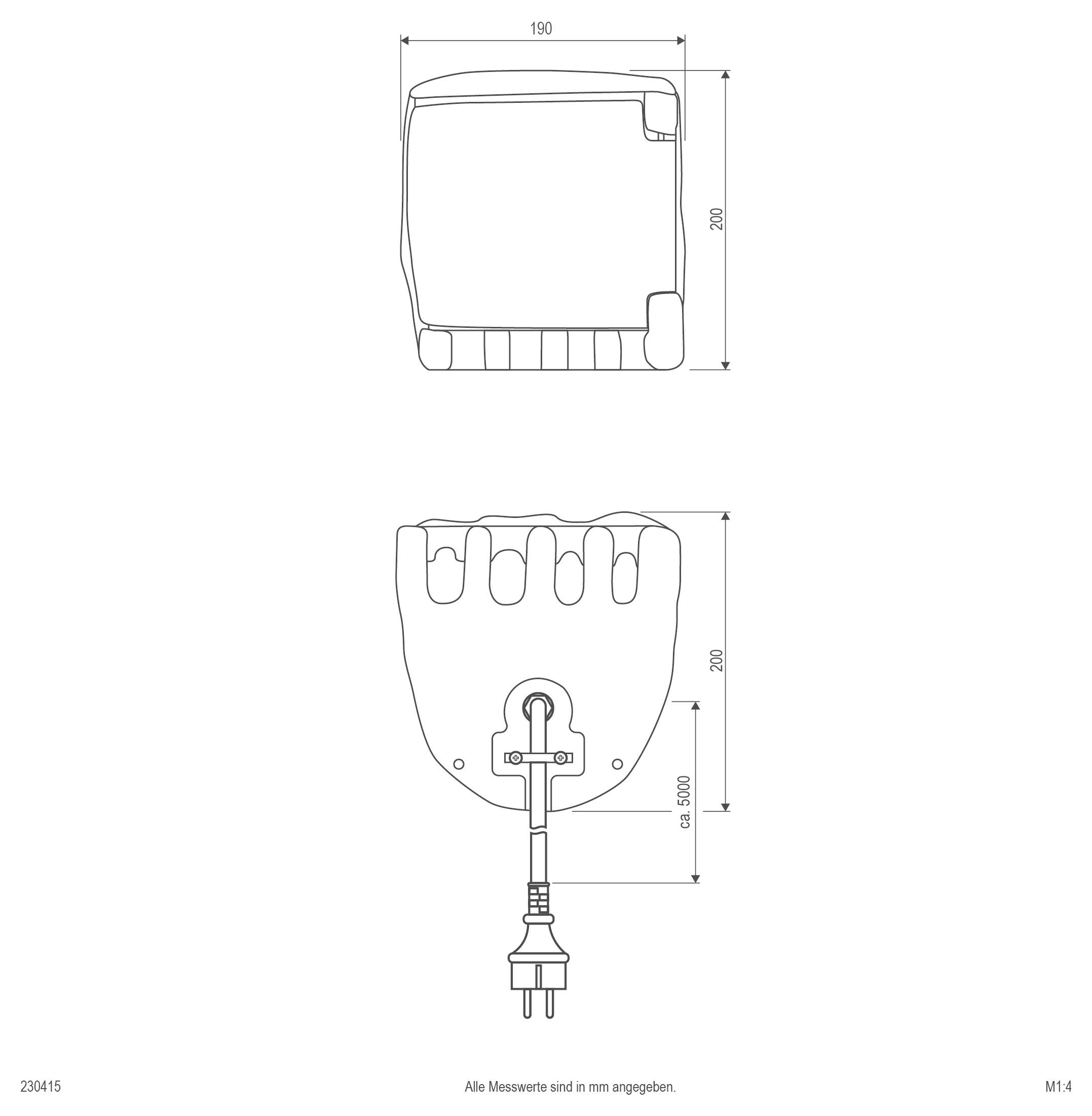 Technische Linienzeichnung eines kompakten Elektrogeräts mit Vorder- und Rückansicht, mit Abmessungen von 190 mm Breite und 200 mm Höhe sowie einer Schnurausstattung mit Stecker.