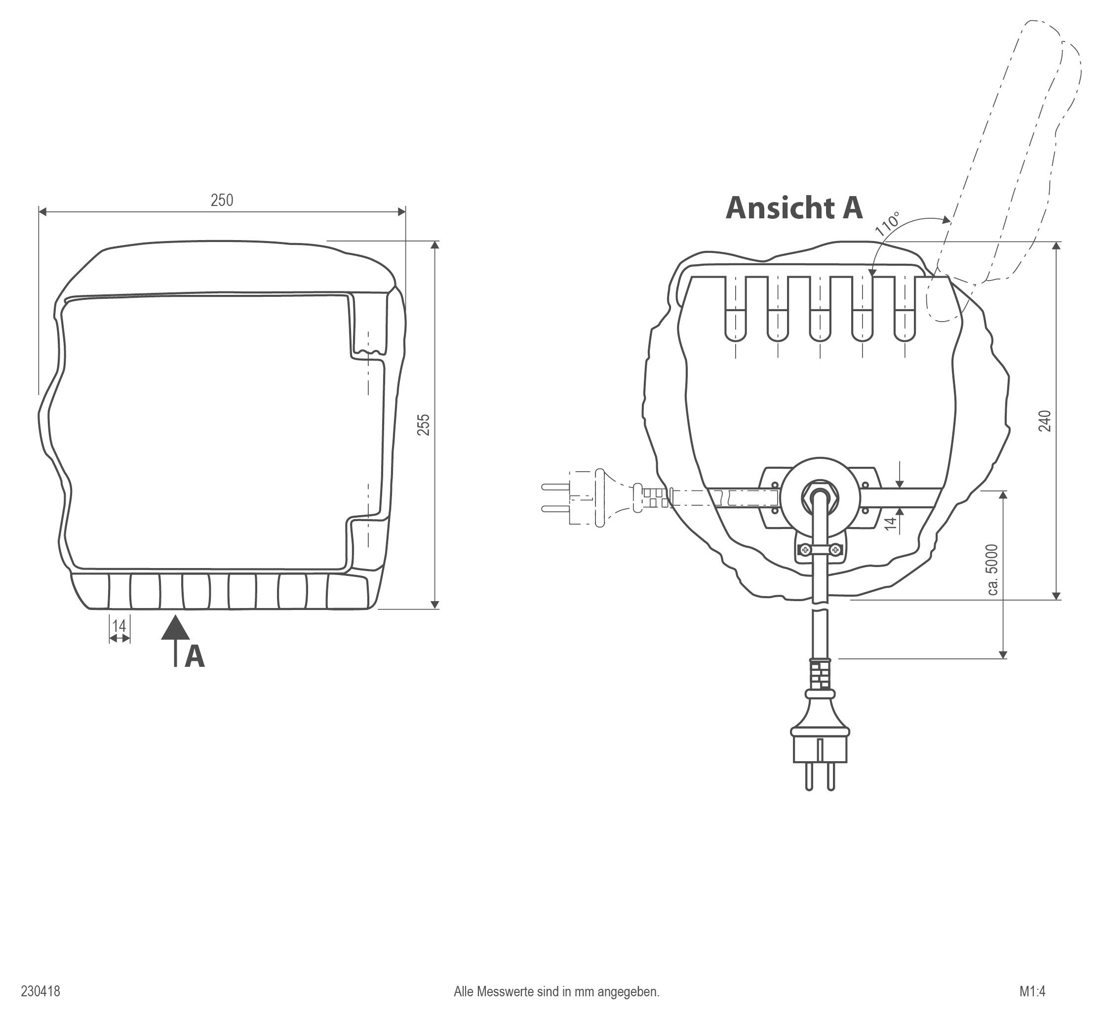 Technische Linienzeichnung, die ein Gerät in zwei Ansichten zeigt: Vorderansicht mit den Abmessungen 250 mm × 265 mm und „Ansicht A
