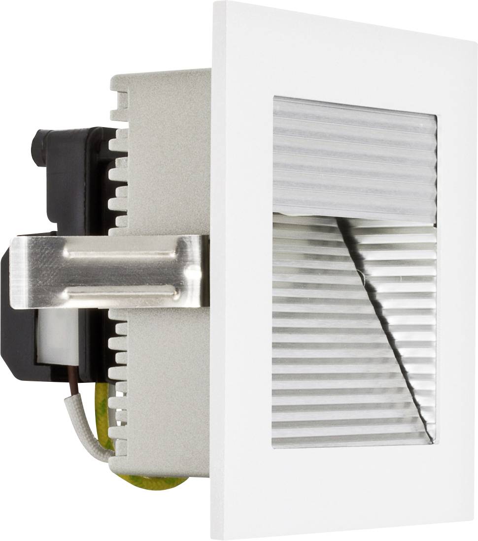 Ein rechteckiges, modernes LED-Wandlicht mit metallischem Finish und geriffelter Glasplatte, seitlich gezeigt.