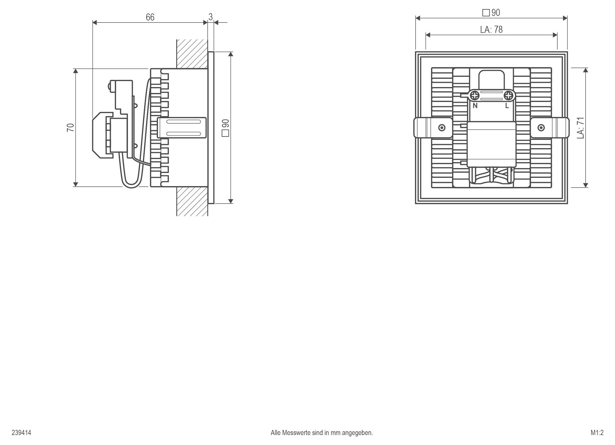 Technische Zeichnung einer wandmontierten elektrischen Komponente, zeigend Seiten- und Vorderansicht mit Abmessungen (90 x 90 mm, 78 mm Abstand, 71 mm Höhe).